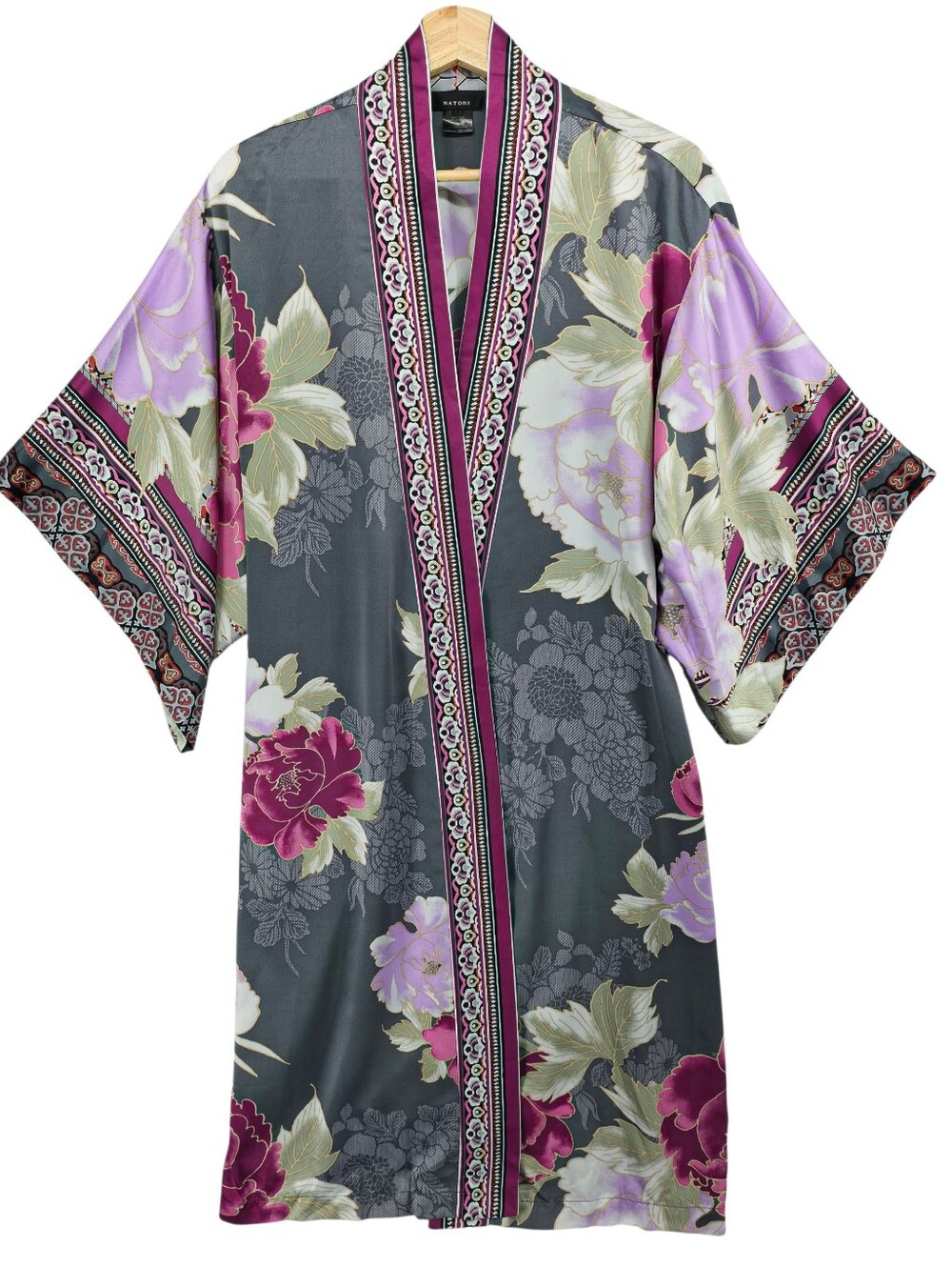 Natori Floral Kimono Robe Gray Purple Satin Lounge Cover Up Pockets Size Small - Picture 3 of 12